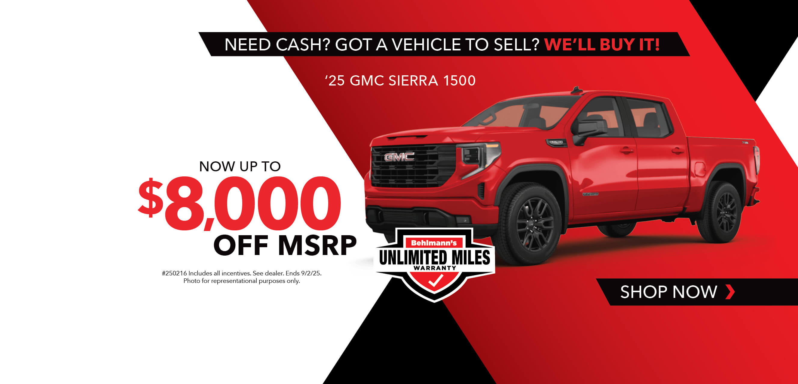 Red truck with advertising slogans:  Now up to $8,000 off MSRP on 2025 GMC Sierra 1500.